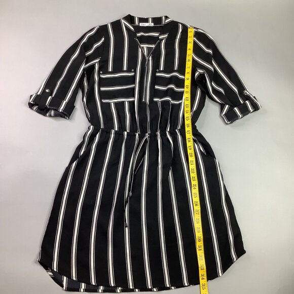 Striped Black & White Midi Dress Roll-Up Sleeves Drawstring Waist Old Money - Picture 2 of 10